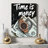 Luxury Wall Frame “Time Is Money” | Wooden Sticky Tile Frame With Double Tape – 8x11 Inches