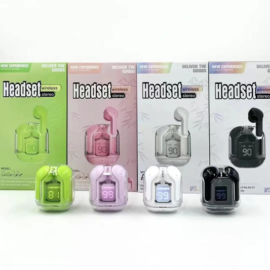 Air 31 Earbuds Wireless Earbuds With Crystal Transparent Case With Type-C Charging | Earbuds Bluetooth 5.3 - With Pouch - Random Color