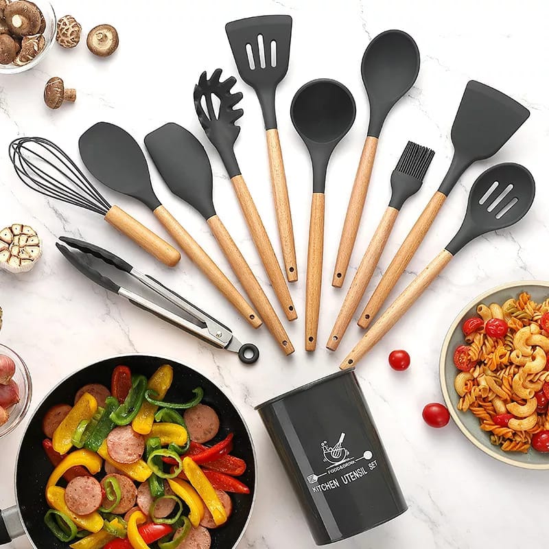 12 Pcs Silicone Cooking Utensils Kitchen Utensil Set | Heat Resistant Kitchen Non Toxic Spatula Set With Turner Tongs,Spoon,Brush,Whisk-Wooden Handle - Random Color