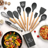 12 Pcs Silicone Cooking Utensils Kitchen Utensil Set | Heat Resistant Kitchen Non Toxic Spatula Set With Turner Tongs,Spoon,Brush,Whisk-Wooden Handle - Random Color