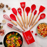 12 Pcs Silicone Cooking Utensils Kitchen Utensil Set | Heat Resistant Kitchen Non Toxic Spatula Set With Turner Tongs,Spoon,Brush,Whisk-Wooden Handle - Random Color