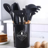 12 Pcs Silicone Cooking Utensils Kitchen Utensil Set | Heat Resistant Kitchen Non Toxic Spatula Set With Turner Tongs,Spoon,Brush,Whisk-Wooden Handle - Random Color