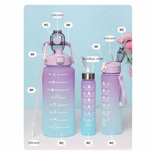 Sports Water Bottles 3 Pcs Set with Motivational Time Marker & Leak Proof Flip Top Lid  (random color)