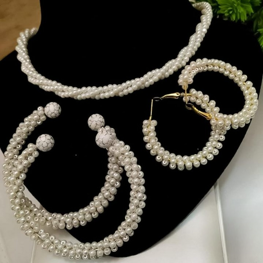 Women Pearl Elegant Jewelry Set ,Kangan, Mala & Earrings Pearl Set(White)