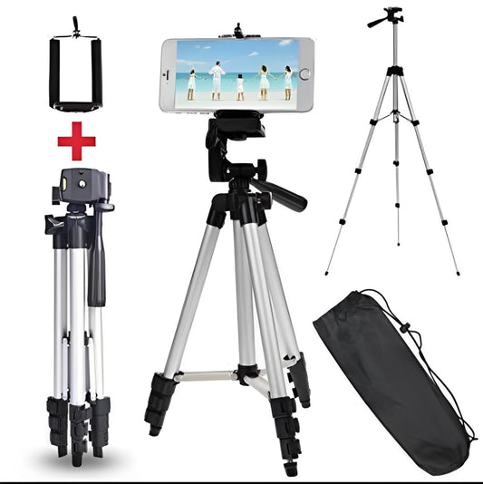 Adjustable Tripod Stand For Mobile Phones And Cameras With Mobile Holder, Portable DSLR Stand For Vlogging, Universal Silver Model 3110 And Bag