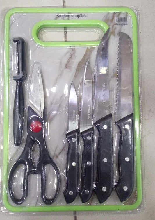 6 In 1 Stainless Steel Knives Set– For Meat, Bread, Fruits, And Vegetables | Kitchen Knife Set With Scissors, Peeler & Cutting Board – All-In-One Cooking Essentials With Ergonomic Handles & Sharp Stainless Steel Blades