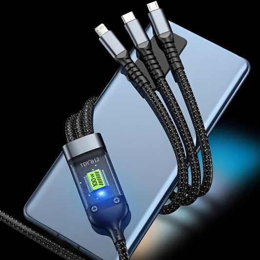 Gamen 3 In 1 Fast Charging Cable | 100W Fast Charging Cable Multi Charger Cable Nylon Braided Multiple USB Universal 3 In 1 Charging Cord Adapter With Type-C Micro BYJ ( With Box )