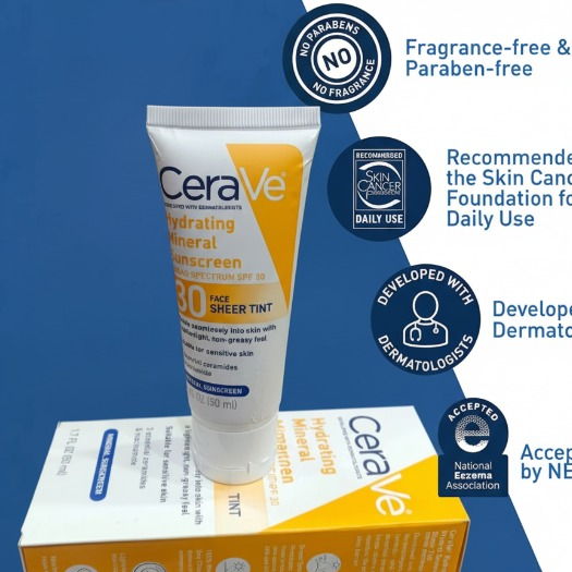 CeraVe Hydrating Mineral Sunscreen SPF 50 | Broad Spectrum UV Protection With Hyaluronic Acid & Ceramides – 50ml