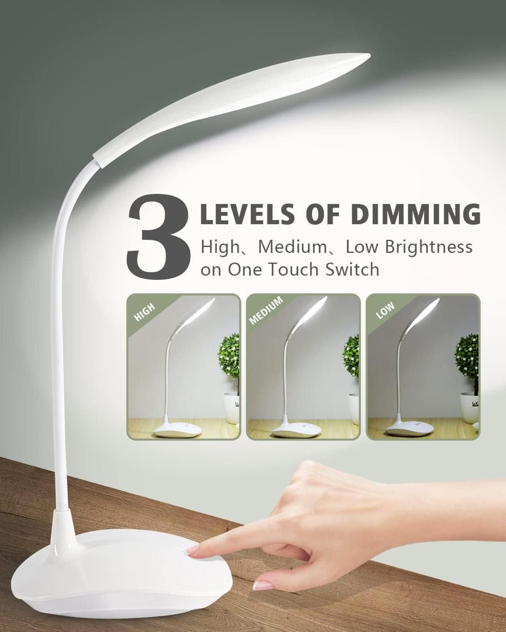 3 Levels Dimming LED Desk Lamp – Smart Touch Control Flexible Eye-Protection Study Light