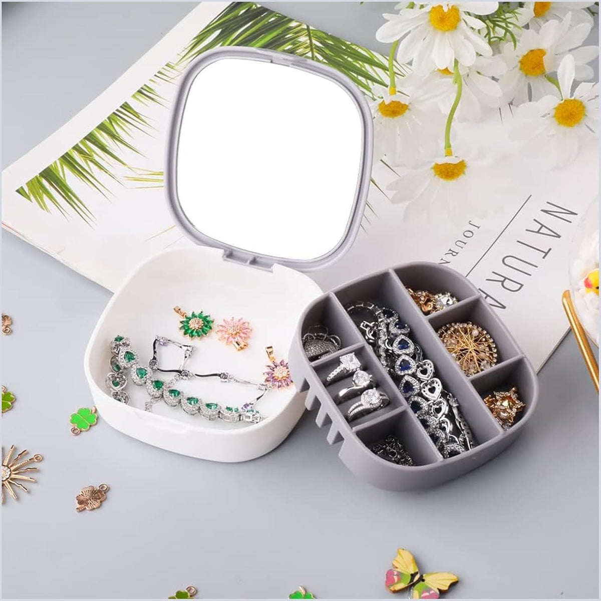 Portable Mini Jewelry Storage Box With Built-In Mirror – Compact Travel Organizer For Rings, Earrings, And Necklaces (Model LD-988)