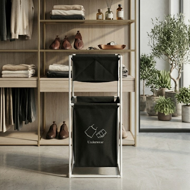 Fabric Laundry Hamper With Dual Compartments And White Metal Frame For Organized Clothing And Underwear Storage