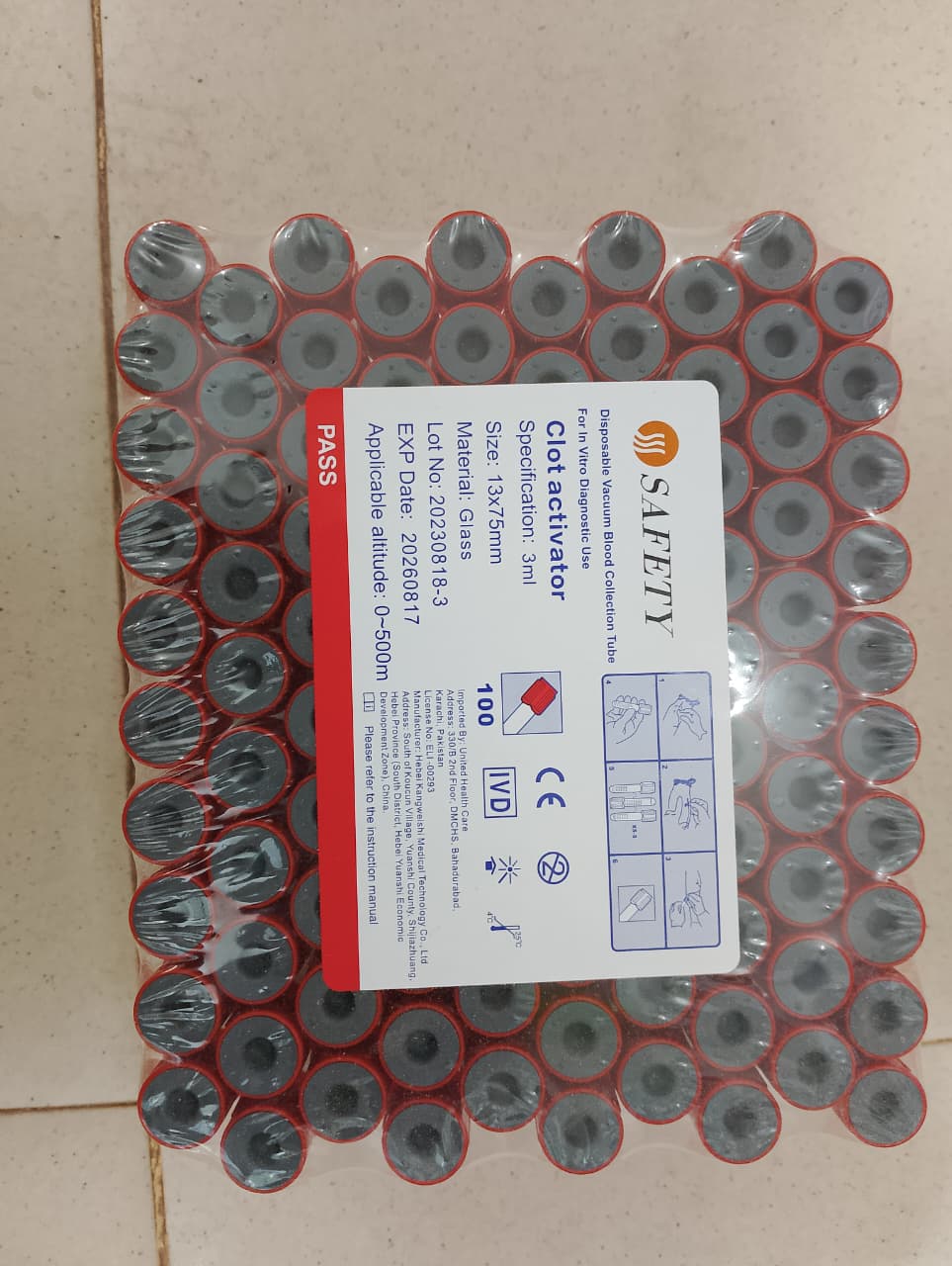 SAFETY Clot Activator Vacuum Blood Collection Tubes (Glass, 3ml, 13x75mm) - Pack Of 100