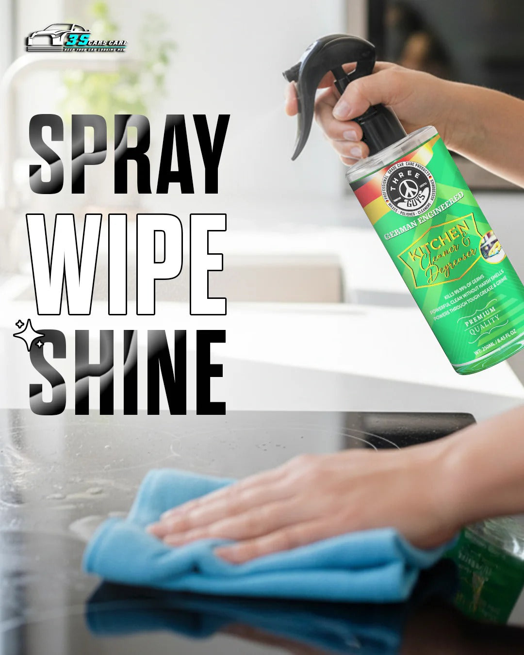 Kitchen Cleaner & Degreaser – Heavy Duty, Germ-Killing & Grease-Fighting Formula | THREE GUYS - German Engineered (250) ML