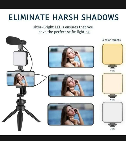 AY-49 Vlogger Kit | Microphone, LED Fill Light, Mini Tripod & Mobile Holder With Remote – Complete Video Making Set For Vlogging With Bluetooth Remote