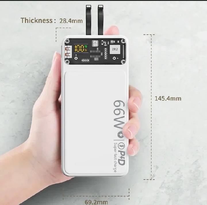 66W Fast Charging 20,000mAh Power Bank With Built-In Cables (White)