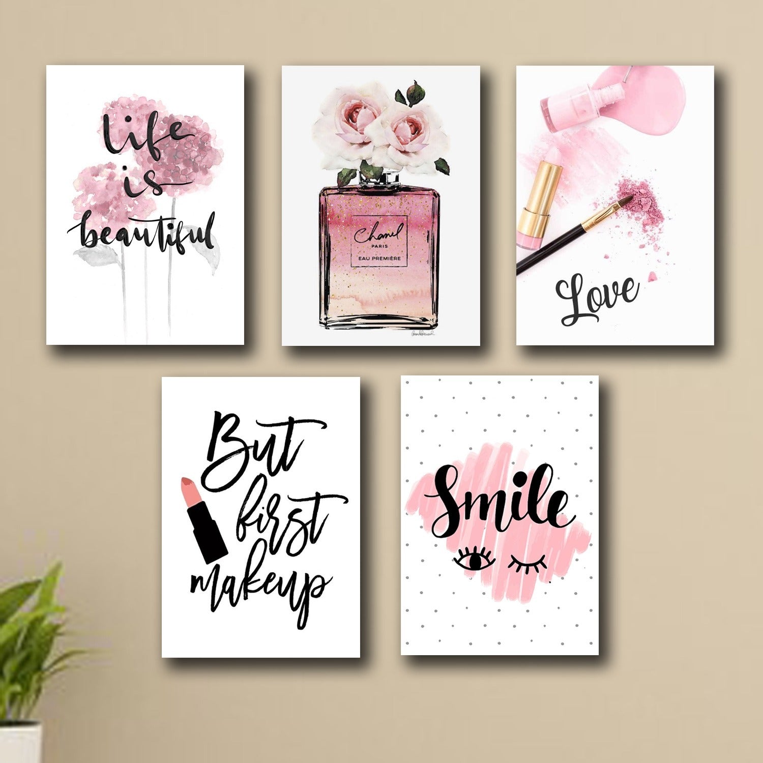 Set Of 5 Makeup-Themed Wall Art Frames – 8x11" MDF With Sticky Backing