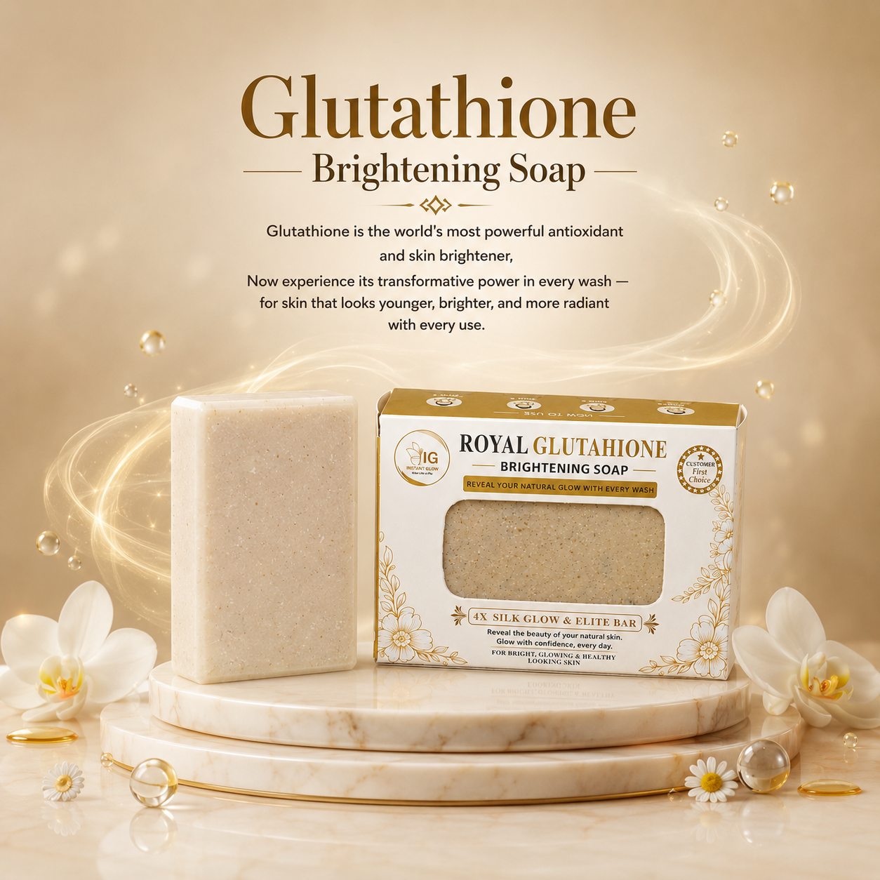 Instant Glow Royal Glutathione Brightening Soap – Luxury Skin Brightening & Anti-Ageing Soap For Radiant, Even-Toned & Youthful Looking Skin | Premium Antioxidant Formula