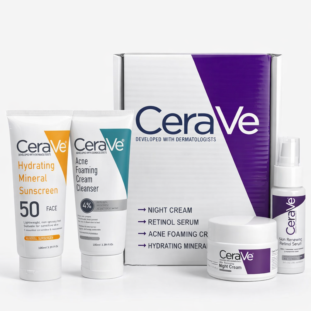 CeraVe Complete Skincare Bundle For Acne & Anti-Aging | Includes Acne Foaming Cream Cleanser, Retinol Serum, Night Cream & Hydrating Mineral Sunscreen SPF 50