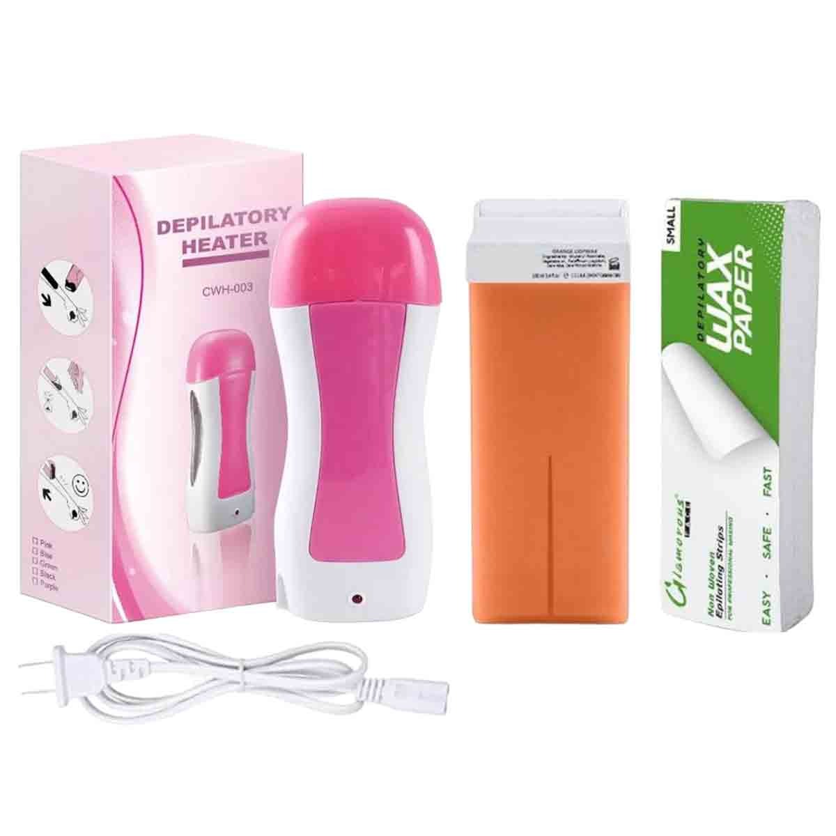 Depilatory Wax Heater Kit 3in1 | Roll-On Hair Removal Kit With Heater, Wax Refill & Strips | Roll On Wax Heater Kit 3-In-1