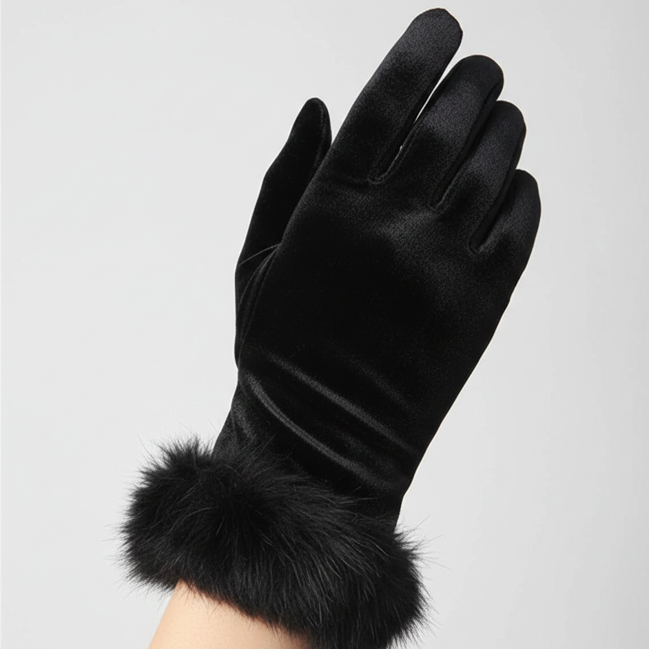 Women's & Girls Black Winter Velvet Gloves With Fur Cuff – Warm Soft Hand Gloves (1 Pair)