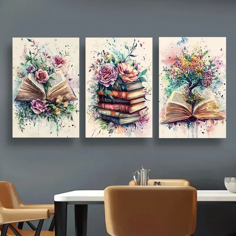 Botanical Books – 3-Piece Watercolor Wall Art Set Celebrating Growth & Imagination (8x11 Inch)