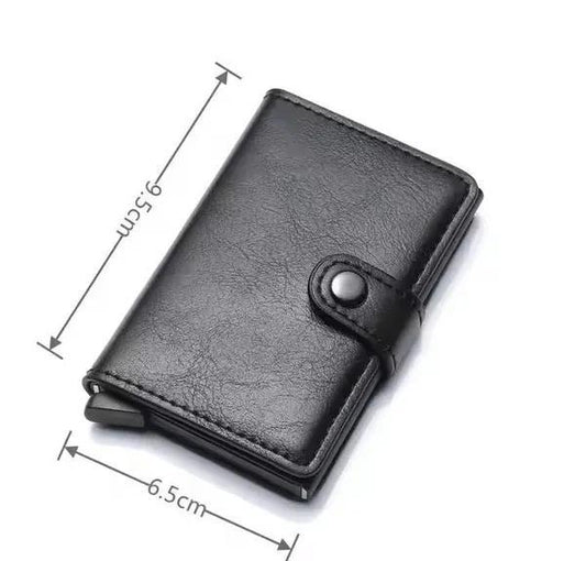 Slim Metallic Pop-Up Card Holder – Minimalist RFID Blocking Wallet With Leather Wrap (Black)