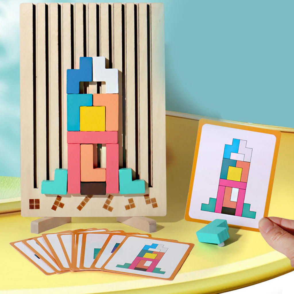 Wooden Puzzle Tetris Game | Montessori Learning Aid | 3D Colourful Blocks | Creative Geometry Toy For Kids & Families