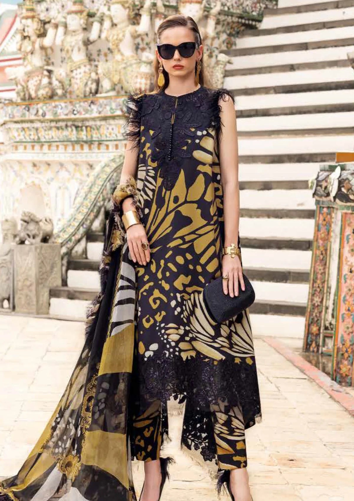 Maria B Printed Embroidered Lawn 3PC Unstitched Suit With Chiffon Dupatta – Black & Mustard