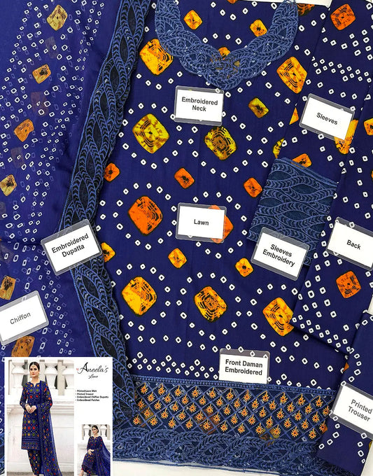 Stylish Digital Chunri Print Embroidered Lawn 3PC Unstitched Suit With Chiffon Dupatta