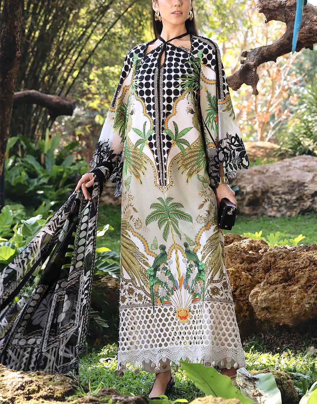 Elegant All-Over Print Embroidered Lawn 3Pc Unstitched EID Dress For Girls With Chiffon Dupatta