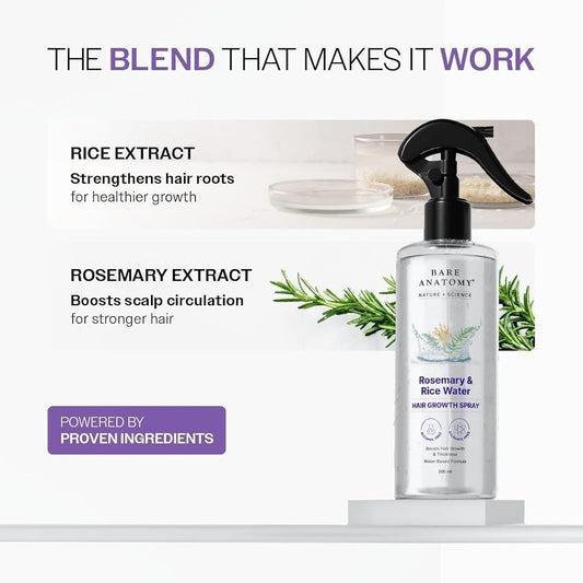Bare Anatomy Rosemary & Rice Water Hair Growth Spray – 200ml | Strengthen & Thicken Hair | Made In India