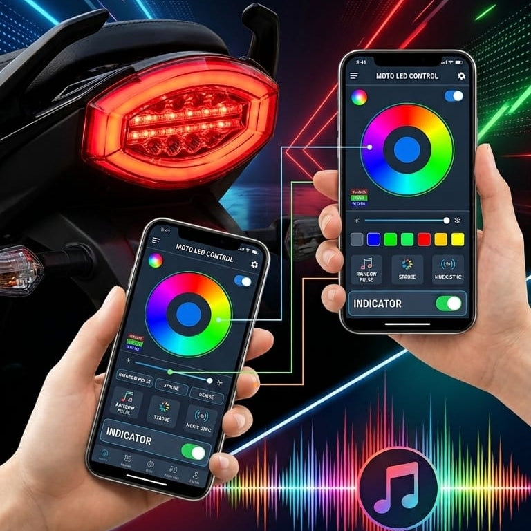 Smart RGB LED Backlight Integrated Indicator For 125cc Bikes | Bluetooth App Control Multi-Color Tail Light | Music Sync Mode & Integrated Turn Signal Support