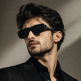 Leopard Logo Unisex Full-Rim Rectangular UV400 Sunglasses | Black Tint Lightweight Frame | Casual Street Style Eyewear