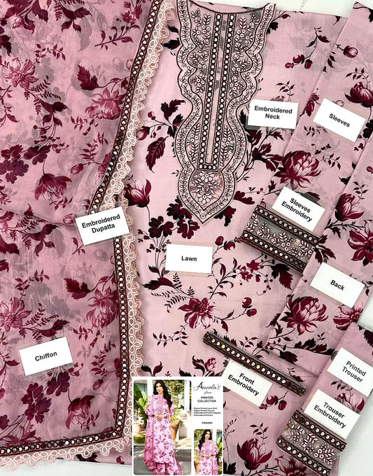 Aneela’s All-Over Print 9mm Sequins Embroidered Lawn 3Pc Unstitched Dress With 4-Side Embroidered Chiffon Dupatta