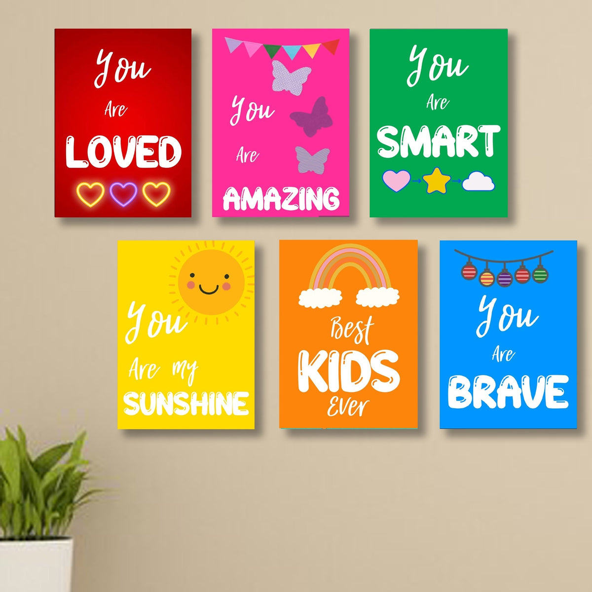 Set Of 6 Kids' Motivational Wall Art Frames – 8x11" MDF With Sticky Backing