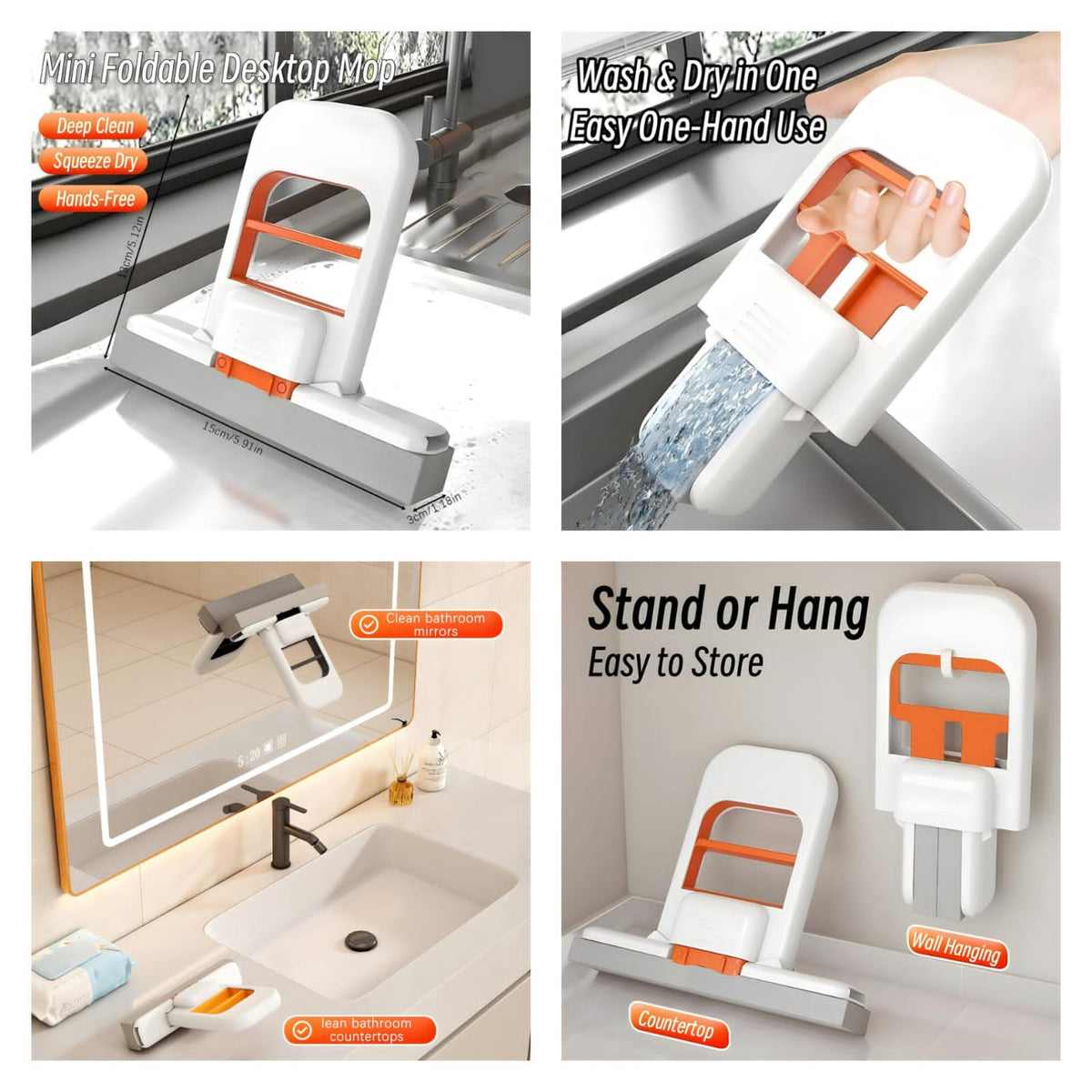 Foldable Desktop Mini Sponge Mop | Portable Wet & Dry Cleaning | Self‑Squeezing Mop For Kitchen, Bathroom, Car & Glass