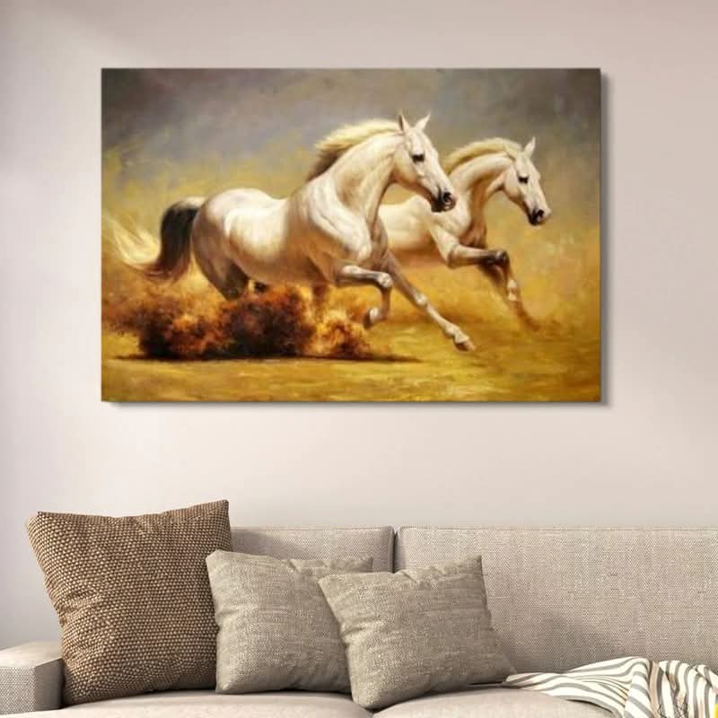 Galloping White Horses Wall Decor | Majestic Stallion Running Action Painting | Wooden Art Frame 12x16 Inches
