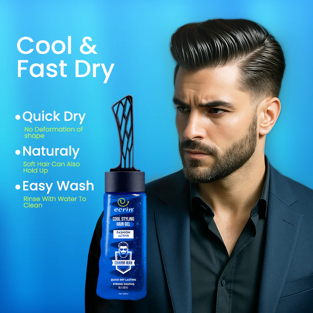 ECRIN Cool Styling Hair Gel With Active Collagen | Strong Hold, No Flakes, Nourishing Formula For All Hair Types, Daily Use Gel With Refreshing Cool Effect - With Comb (280ml)