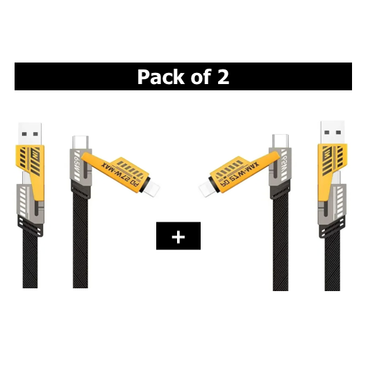 4 In 1 Data Cable – USB-C & Lightning Connectors, Braided Durable Design, Fast Charging & Data Transfer, Black With Yellow Connectors (Without Box)