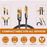 4 In 1 Data Cable – USB-C & Lightning Connectors, Braided Durable Design, Fast Charging & Data Transfer, Black With Yellow Connectors (Without Box)