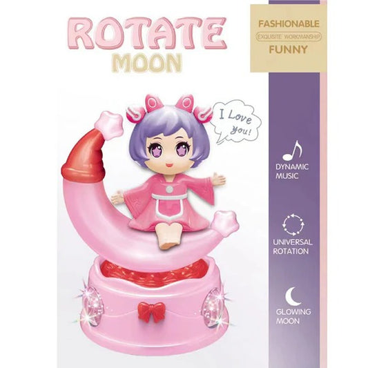 Rotating Moon Doll Toy With LED Lights & Music – Adorable Crescent Moon Design, Universal Rotation, Safe For Kids 3+, Pink & Purple Gift For Fun And Sensory Play (Random Color)